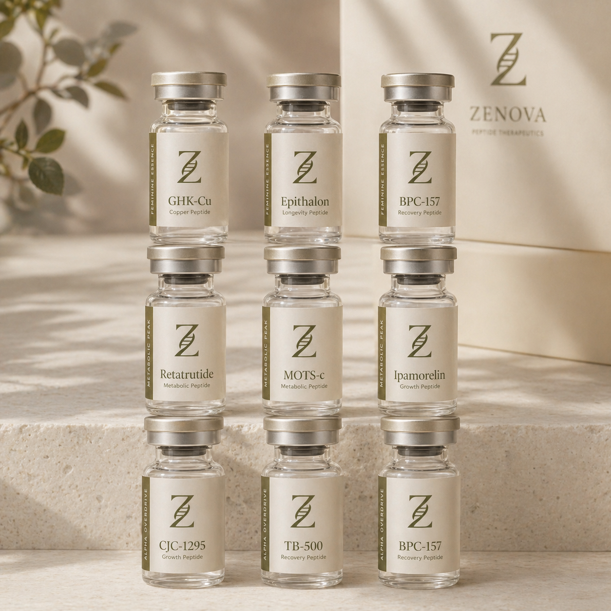 Colección completa de péptidos ZENOVA en Colombia — viales de Feminine Essence, Metabolic Peak y Alpha Overdrive